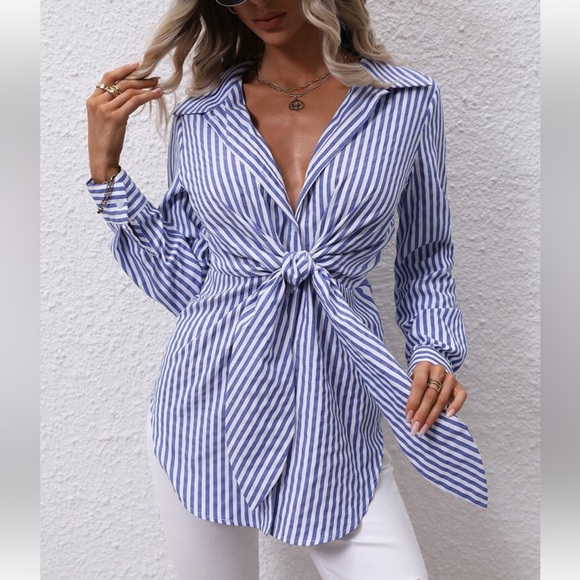 Classic Striped Knot Front Curved Hem Button Down Shirt Top Blouse - Picture 7 of 8